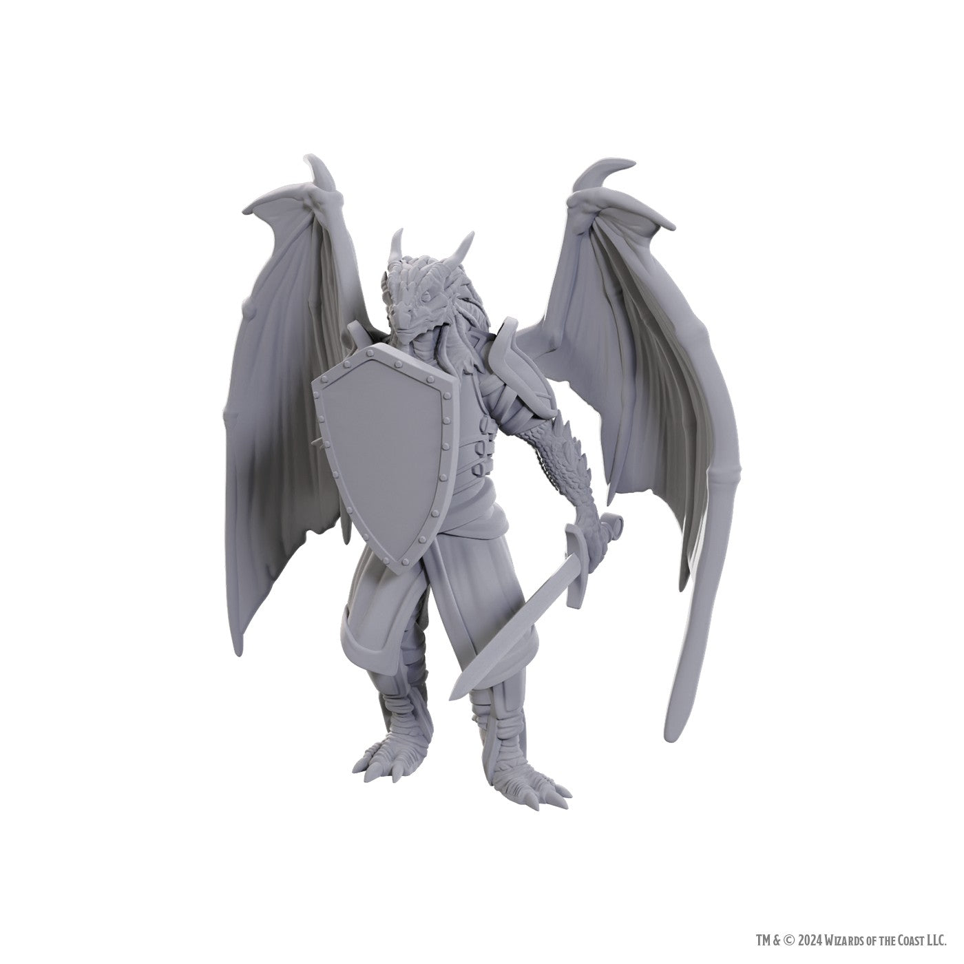 Dragonborn of Bahamut miniature in gray, featuring wings, armor, a shield, and a sword, ideal for tabletop gaming.