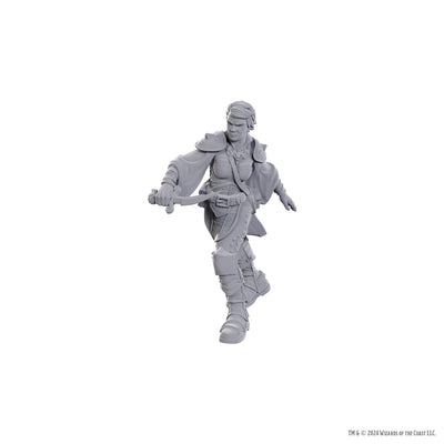 Detailed miniature of a swashbuckler character from D&D Nolzur's Marvelous Miniatures, poised with a sword.
