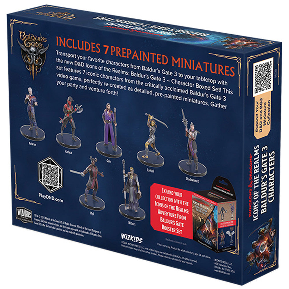 D&D Icons of the Realms Baldur's Gate 3 Character Boxed Set featuring seven prepainted miniatures of iconic characters.