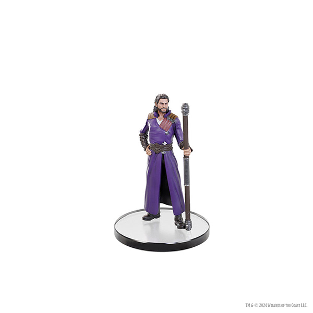 D&D Baldur's Gate 3 character figurine in a purple robe, holding a staff, displayed on a circular base.