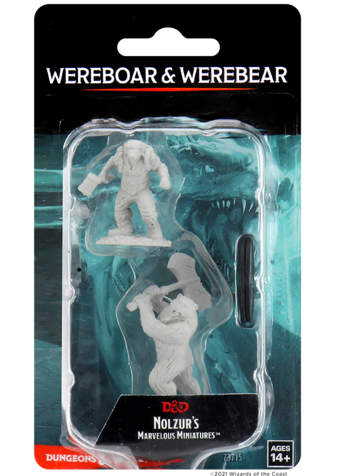 Unpainted miniatures of a wereboar and werebear from Dungeons & Dragons, packaged for tabletop gaming.