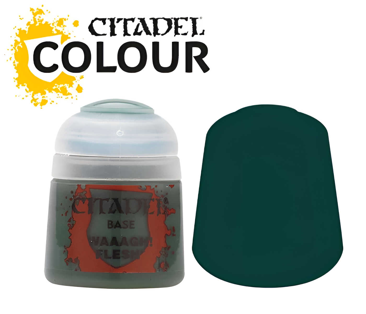 Citadel Base Paint in Waaagh! Flesh (12ml) with a dark green color swatch, ideal for miniature painting.