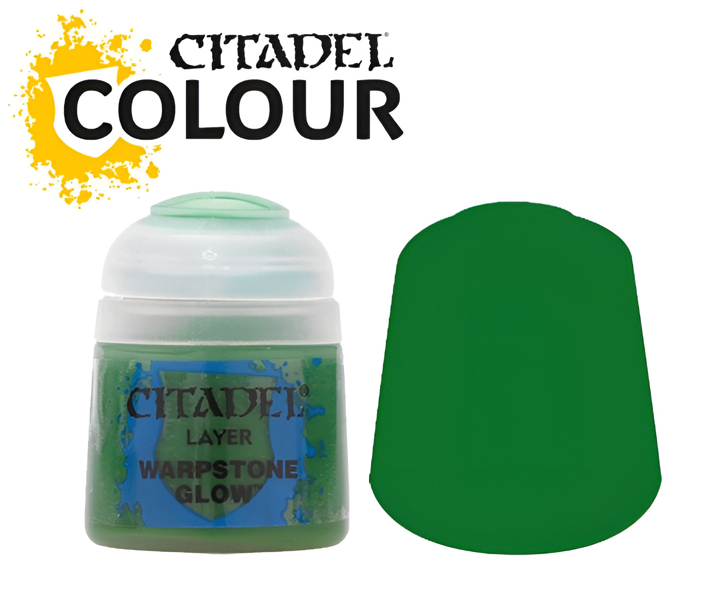 Citadel Layer Warpstone Glow paint in a 12ml pot, featuring a vibrant green color ideal for miniature painting.