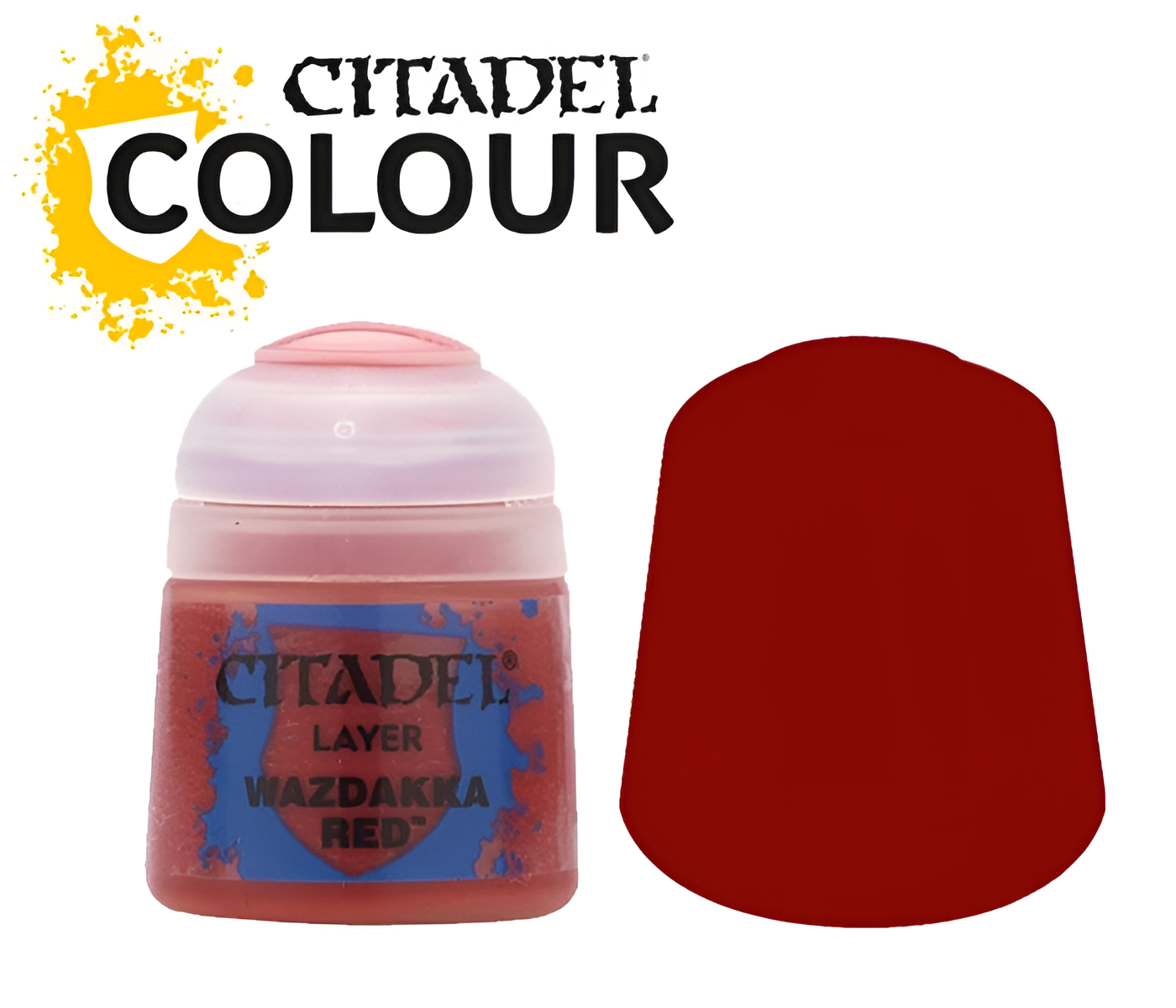 Citadel Layer Wazdakka Red paint bottle with a red color swatch beside it, ideal for miniature painting.