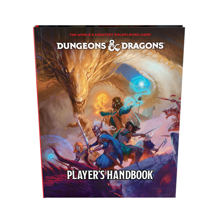Dungeons & Dragons Players Handbook hardcover featuring adventurers and a dragon on the cover, showcasing fantasy roleplaying elements.