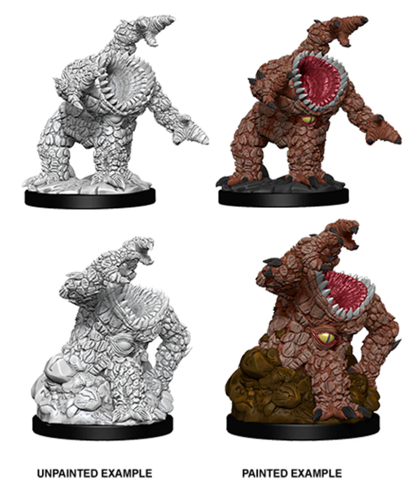 Unpainted and painted examples of Nolzur's Marvelous Miniatures W05 Xorn, showcasing detailed rock-like textures and features.