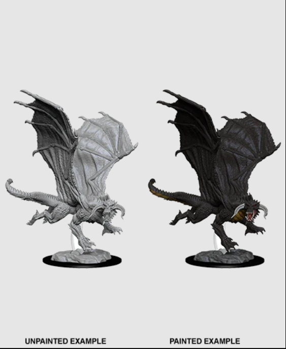 Unpainted and painted examples of Nolzur's Marvelous Miniatures Young Black Dragon for Dungeons & Dragons.