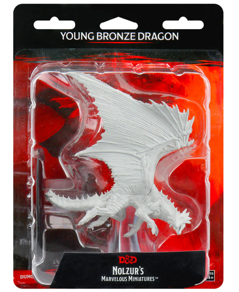 Unpainted miniature of a young bronze dragon from Dungeons & Dragons, displayed in packaging for tabletop gaming.