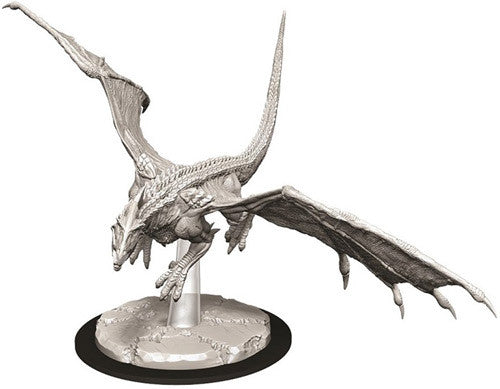 Unpainted miniature of a young white dragon from Dungeons & Dragons, featuring detailed wings and a dynamic pose.