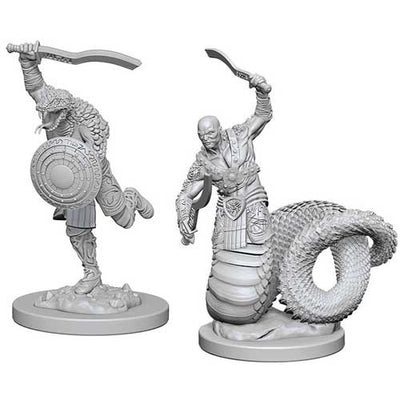 Unpainted miniatures of Yuan-Ti Malisons for Dungeons & Dragons, featuring a serpent-like figure and a warrior with a sword.