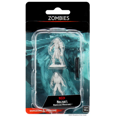 Unpainted Nolzur's Marvelous Miniatures Zombies for Dungeons & Dragons, featuring two detailed zombie figures in packaging.