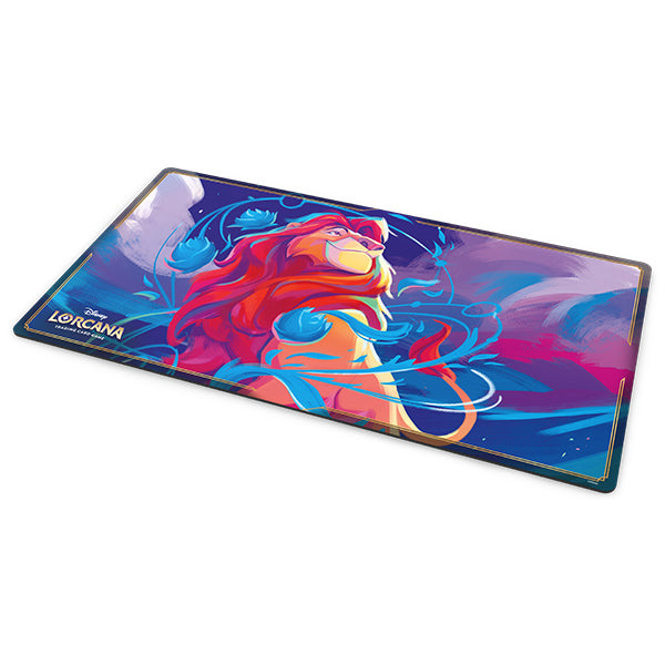 Colorful Disney Lorcana playmat featuring Mufasa surrounded by vibrant swirls and floral designs, ideal for gaming.