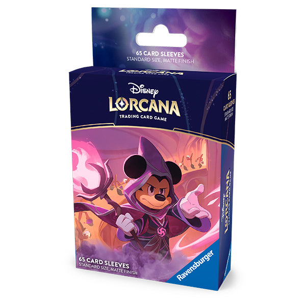Matte card sleeves featuring Mickey Mouse as the Wayward Sorcerer from Disney Lorcana TCG, packaged for 65 cards.