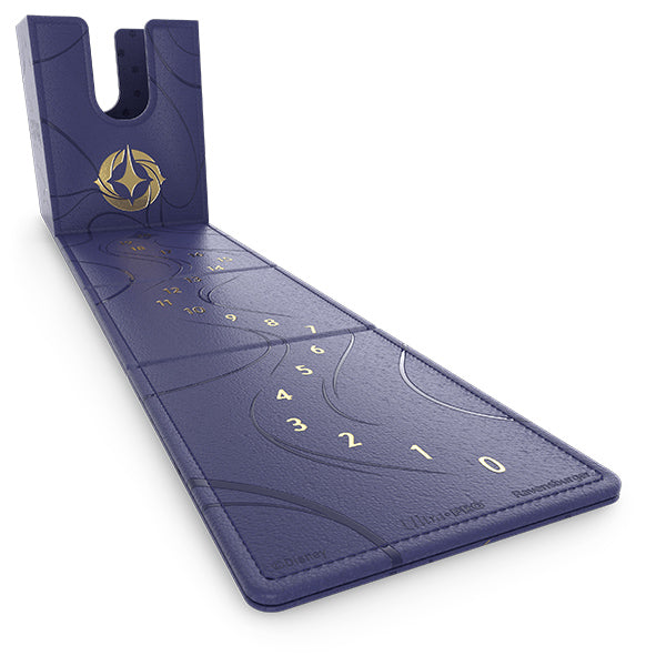 Disney Lorcana Azurite Sea Deck Box featuring a sleek design with a gold emblem and numbered sections for card organization.