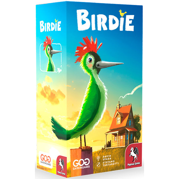 Colorful game box for Birdie featuring a green bird with a red crest perched on a post near a house.