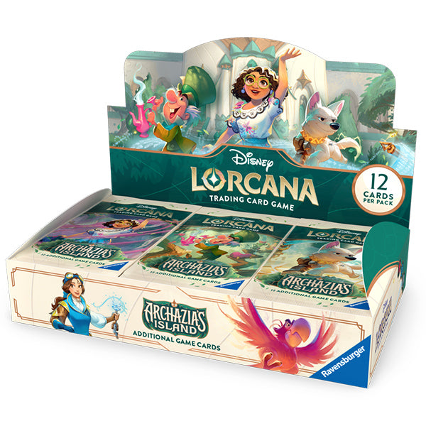 Disney Lorcana TCG Archazia's Island booster box featuring 24 packs, each containing 12 collectible trading cards.