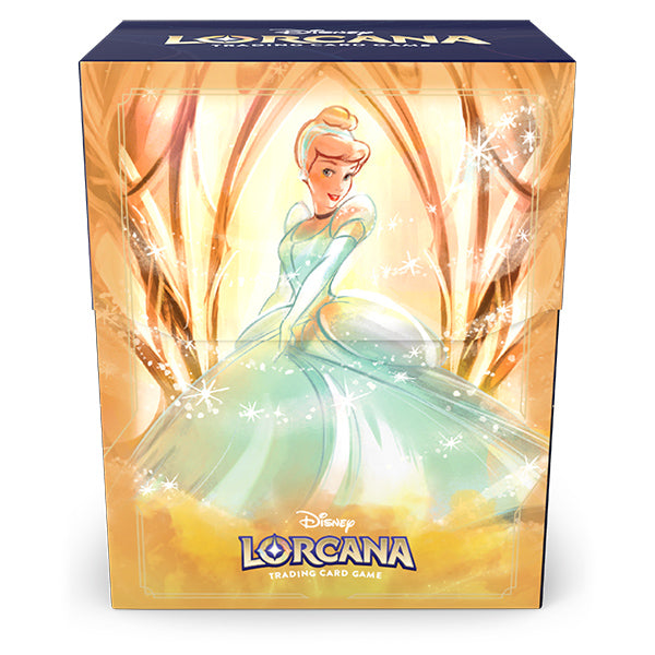 Disney Lorcana TCG Cinderella deck box featuring a vibrant illustration of Cinderella in her iconic gown surrounded by sparkles.