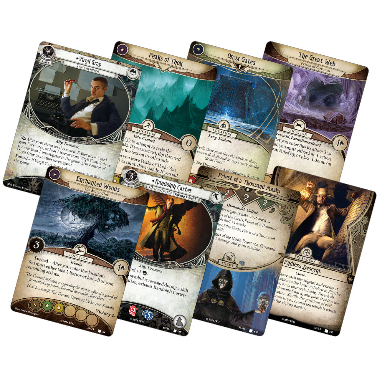 A collection of Arkham Horror LCG cards from The Dream-Eaters Campaign Expansion, featuring various characters and locations.