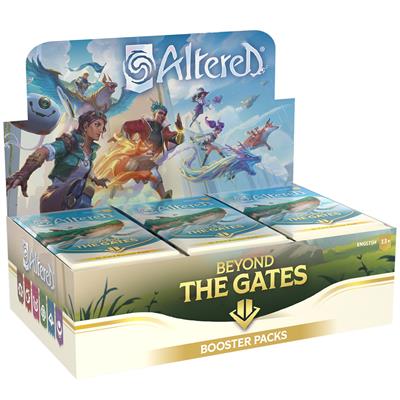 Booster box for Altered TCG: Beyond the Gates featuring vibrant artwork and multiple booster packs for gameplay.