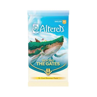 Booster box for Altered TCG: Beyond the Gates featuring a fantastical landscape with floating islands, designed for card collectors.