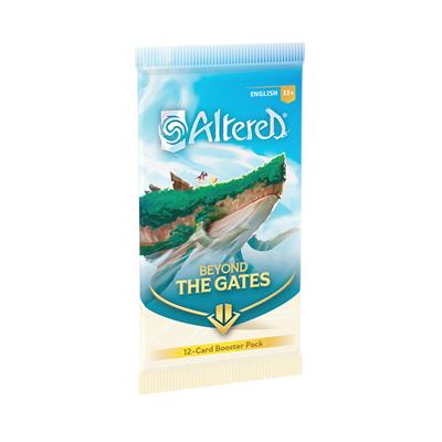 Booster box for Altered TCG: Beyond the Gates featuring a fantastical landscape with a floating island and vibrant colors.