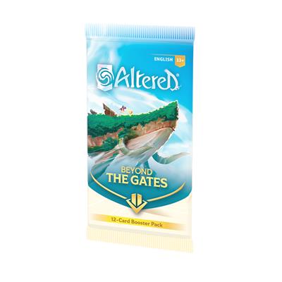 Booster box for Altered TCG: Beyond the Gates featuring vibrant artwork and text highlighting the 12-card pack.