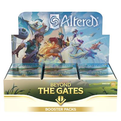 Display of Altered TCG: Beyond the Gates booster packs featuring vibrant artwork and characters, ideal for collectors and players.