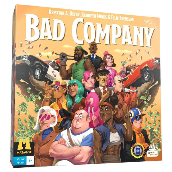 Colorful board game cover of Bad Company featuring diverse characters in a heist theme with money and cars.