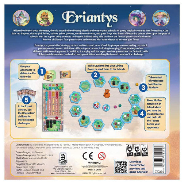 Game box back of Eriantys featuring components, gameplay overview, and instructions for strategy game enthusiasts.