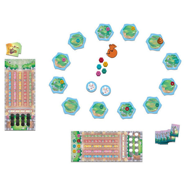 Colorful game board of Eriantys featuring hexagonal islands, tokens, and player boards for strategic gameplay.