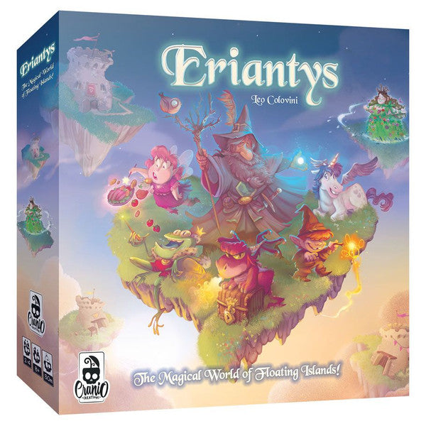 Colorful game box for Eriantys featuring whimsical floating islands, magical creatures, and a wizard character.