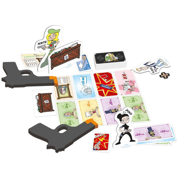 Cash 'n Guns (2nd Edition) game components including guns, character cards, and money cards arranged on a table.