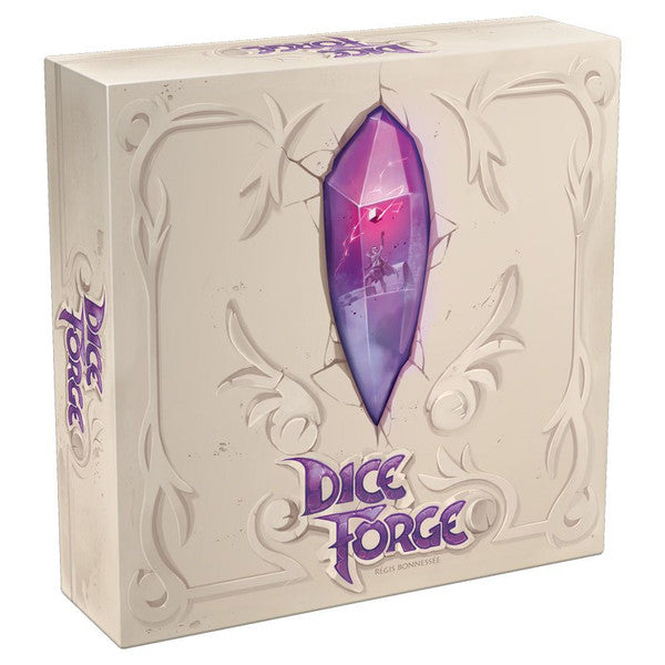 Dice Forge board game box featuring a prominent purple gem, surrounded by intricate white designs.