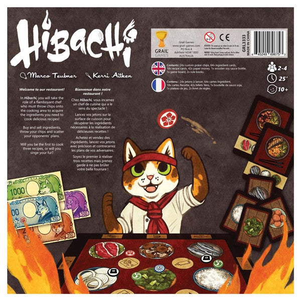 Colorful game box for Hibachi featuring a cat chef, cooking ingredients, and a playful restaurant theme.