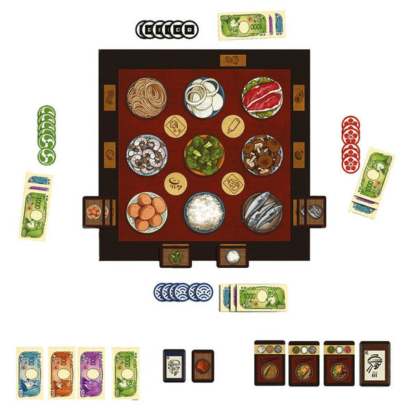 Colorful game board of Hibachi featuring various food items, tokens, and currency cards for a strategic cooking experience.