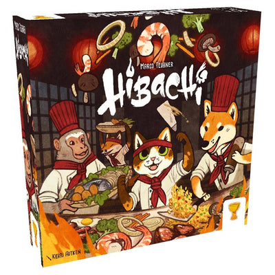 Colorful board game box for Hibachi featuring cartoon animals and chefs preparing food at a grill.