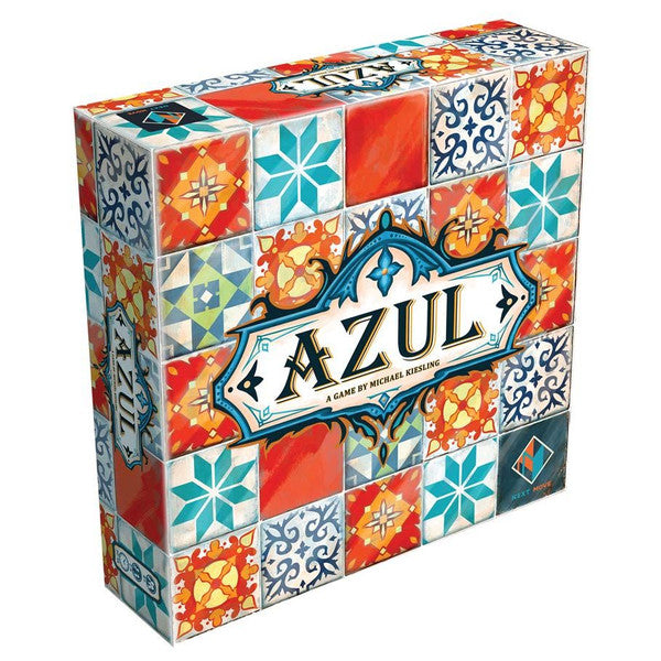 Colorful box of the board game Azul featuring intricate tile patterns and the game's title prominently displayed.