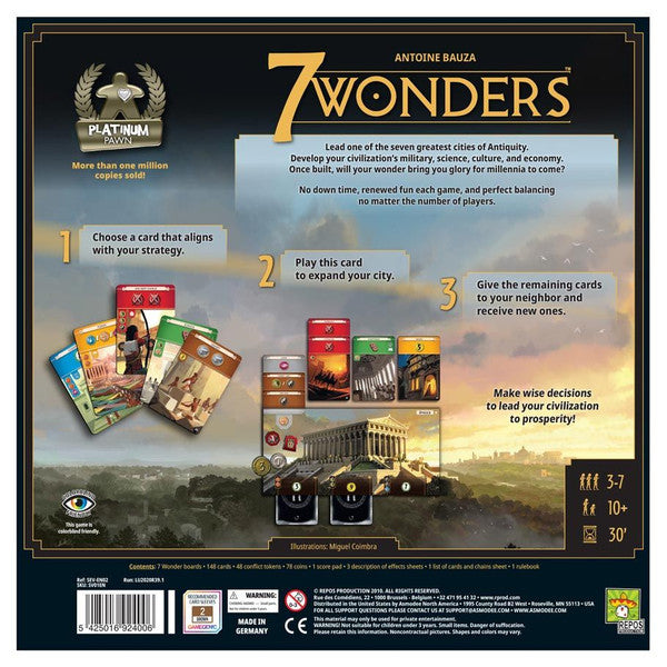 Back cover of the 7 Wonders board game, showcasing gameplay instructions, player count, and artwork of ancient civilizations.