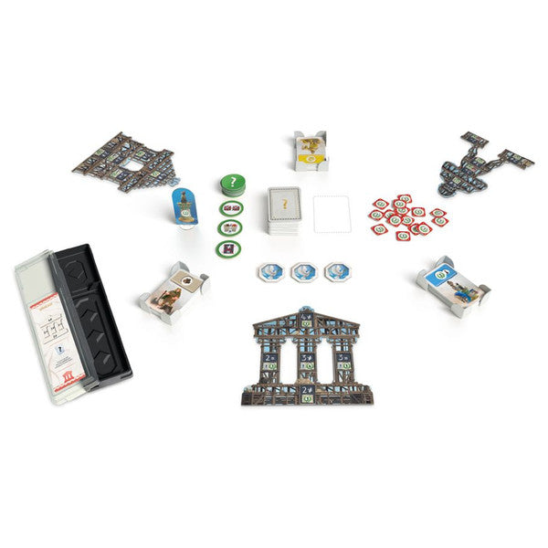 7 Wonders: Architects game components arranged on a table, including building cards, tokens, and a storage box.