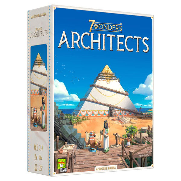 Box cover of 7 Wonders: Architects featuring a vibrant illustration of a pyramid and ancient builders at work.