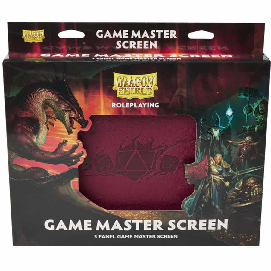 Dragon Shield Blood Red Game Master Screen packaging featuring a three-panel design with fantasy artwork and roleplaying elements.