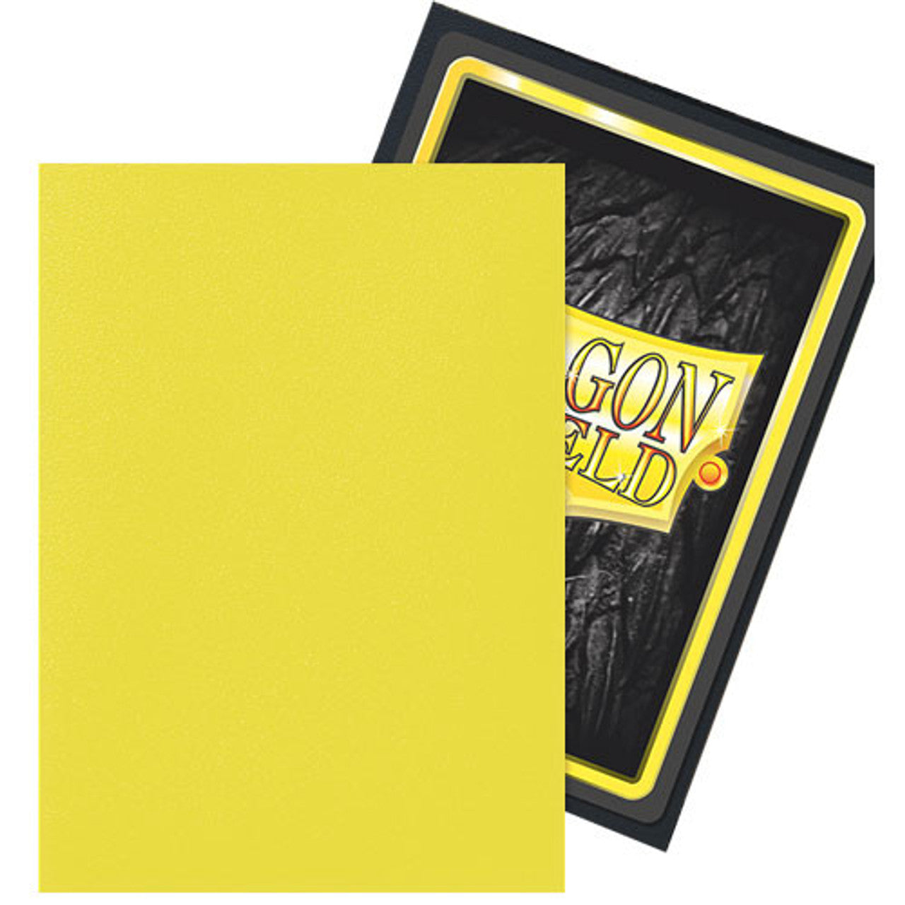 Matte dual card sleeves in vibrant lightning yellow, packaged in a box of 100 for card protection and style.
