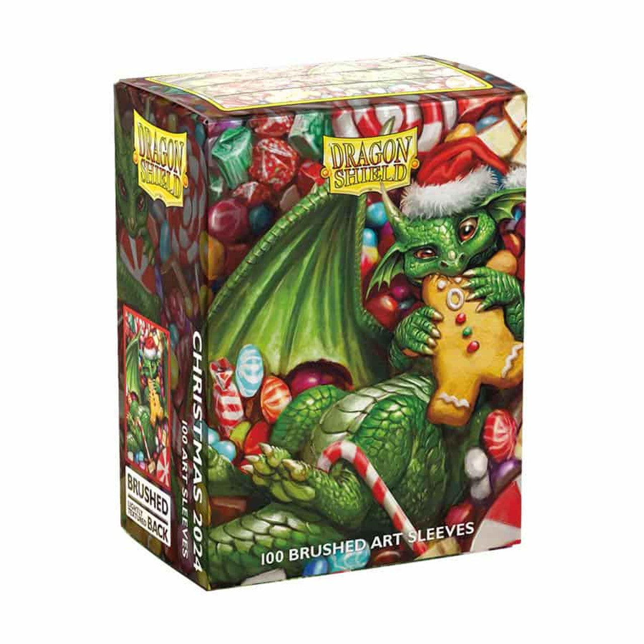Dragon Shields Christmas 2024 features 100 brushed art sleeves with a festive dragon design surrounded by candy.