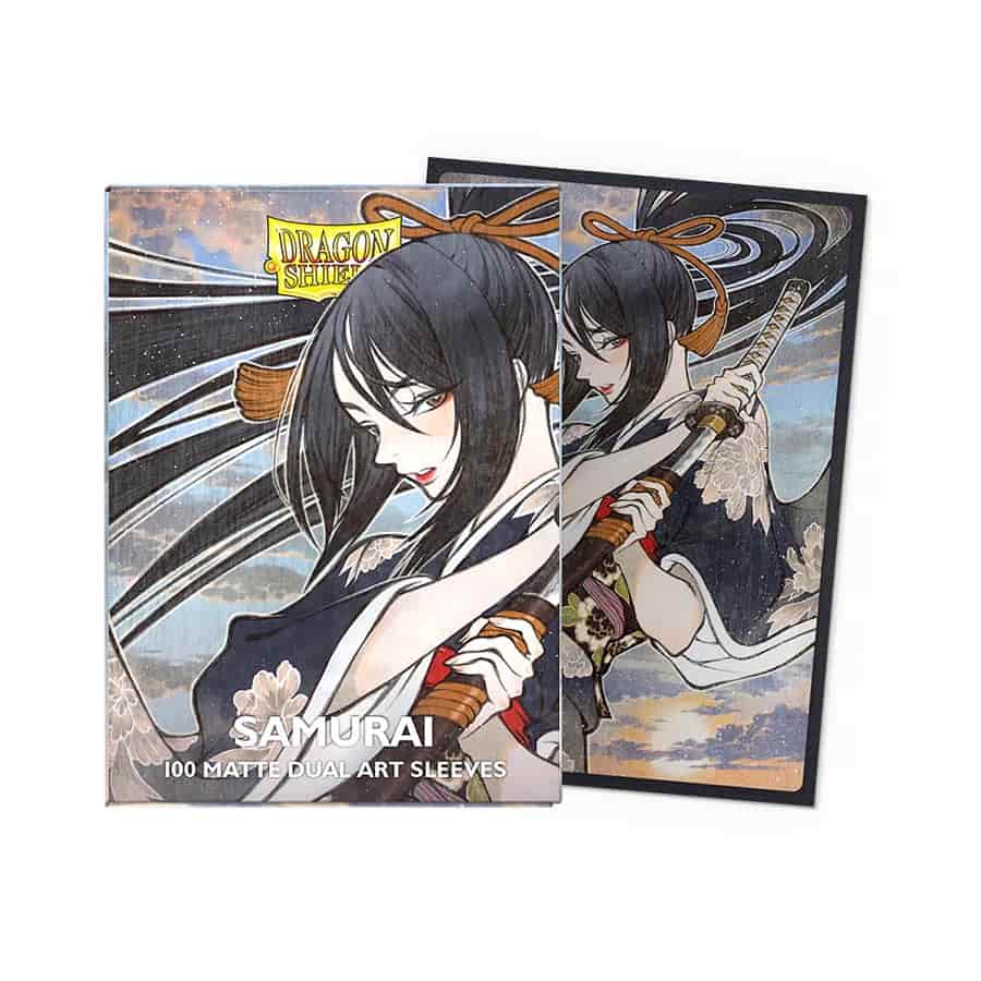 Dragon Shield Samurai Matte Dual Card Sleeves featuring a striking samurai design, ideal for protecting trading cards.