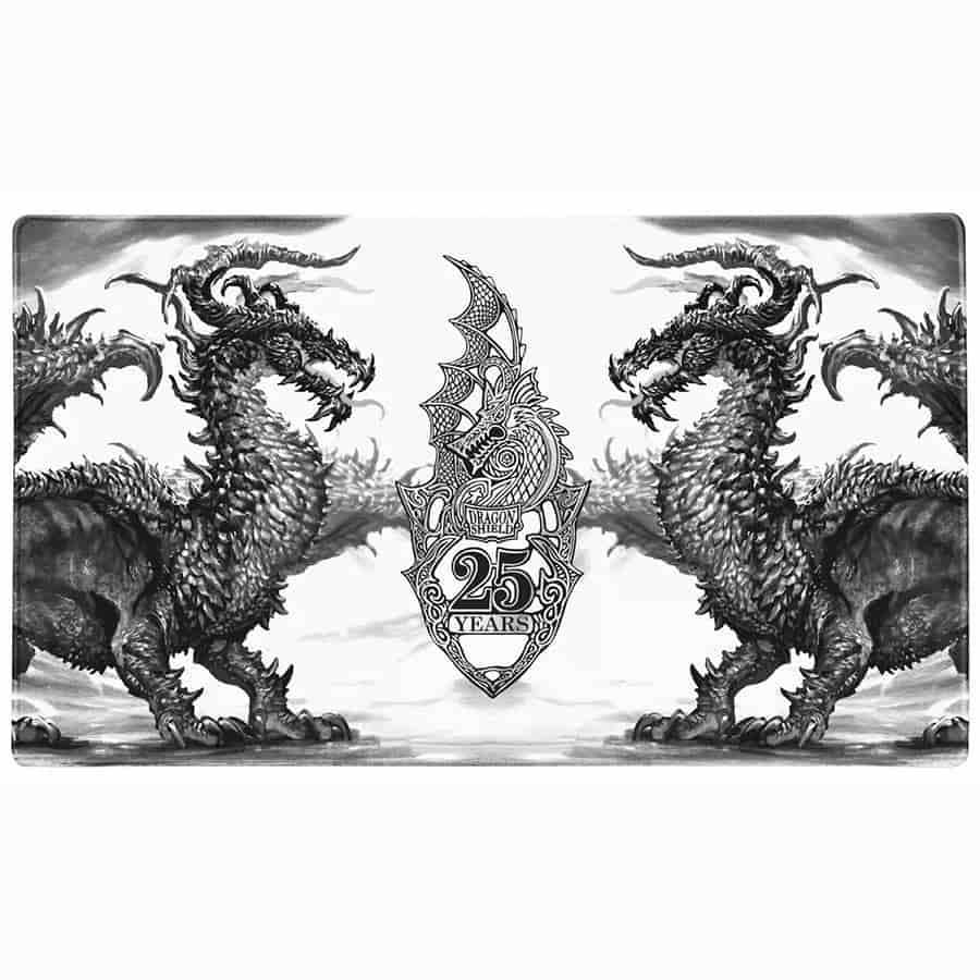 Dragon Shield 25th Anniversary Edition Playmat featuring two detailed dragons and a central commemorative emblem.