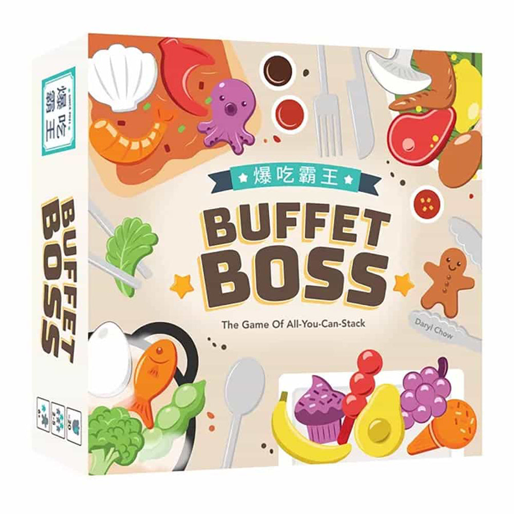 Colorful game box for Buffet Boss featuring various food items and playful graphics, highlighting the stacking theme.