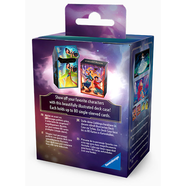 Disney Lorcana Fabled Mulan deck box featuring vibrant artwork, designed to hold up to 80 single-sleeved cards.