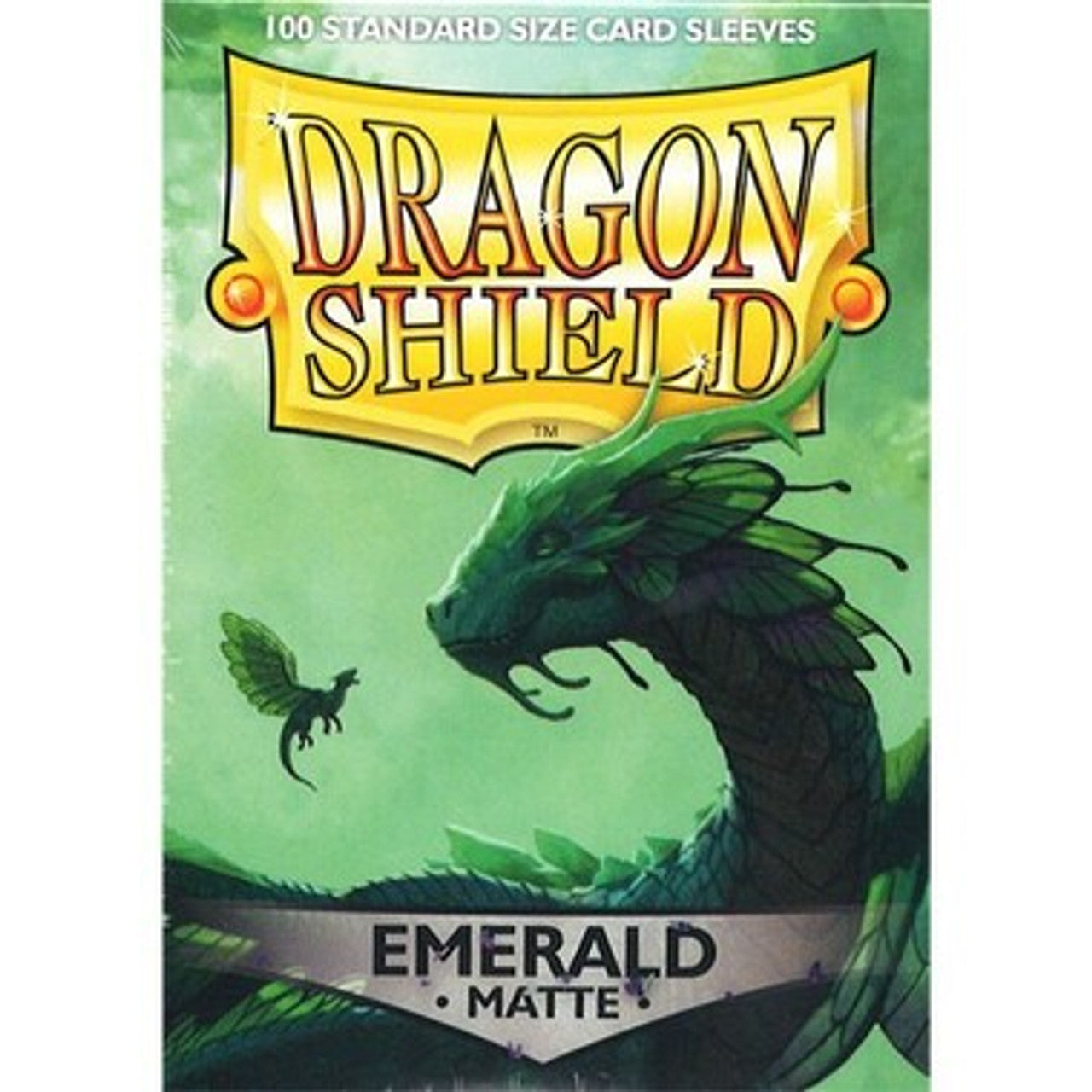 Dragon Shield Matte Emerald Card Sleeves package featuring a green dragon design, containing 100 standard size sleeves.