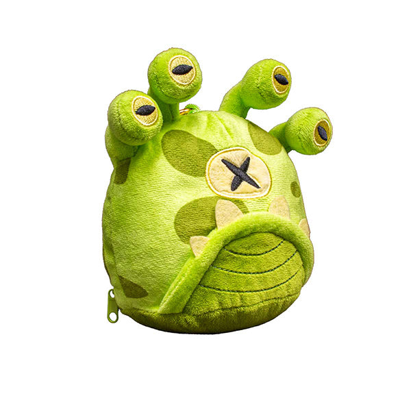 Green plush dice pouch shaped like a Gazer from Dungeons and Dragons, featuring multiple eyes and a textured design.