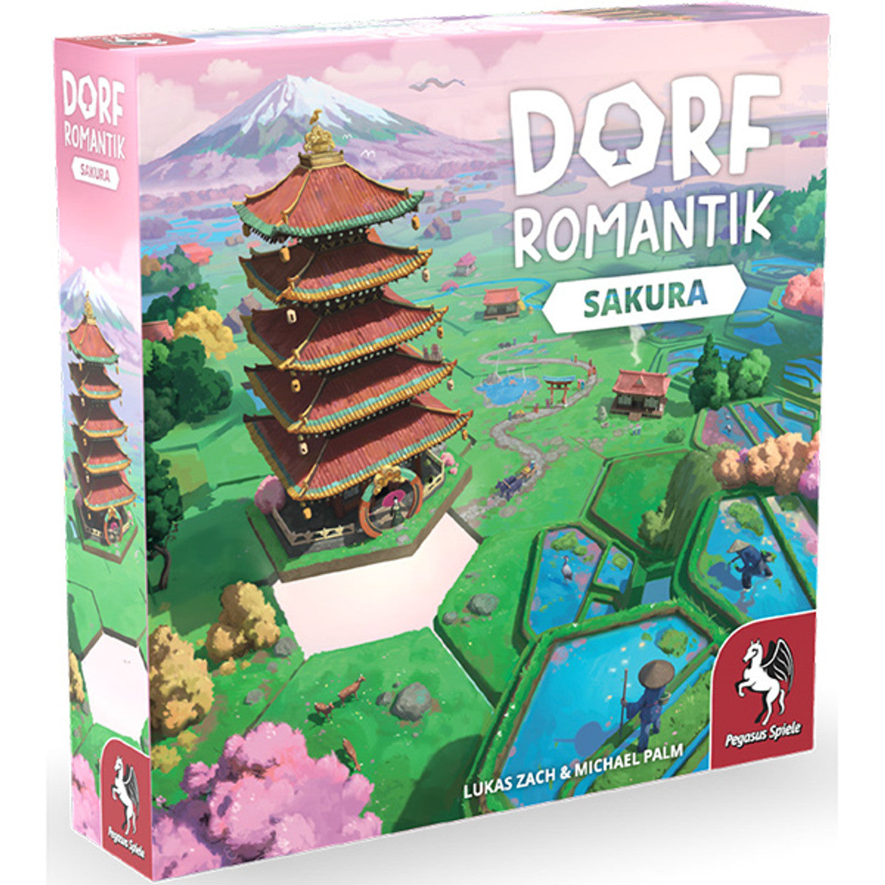 Colorful game box for Dorfromantik: Sakura featuring a serene landscape with a pagoda, mountains, and water features.